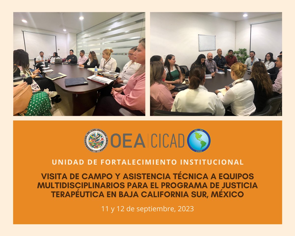 CICAD_OEA's tweet photo. @CICAD_OEA visitó Baja California Sur #México, con @SEGOB_mx y @StateINL, dando asistencia técnica en implementación de programa de #justicia terapéutica y recolección de datos para monitoreo. Gracias @tribunalbcs y @GobBCS por su hospitalidad. @MisionMexOEA @USAmbOAS https://t.co/iQXVK1S65S