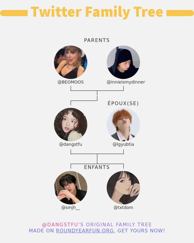 dangstfu's tweet photo. 👨‍👩‍👧‍👦 Ma Famille Twitter:
👫 Parents: @BEOMOOS @innieismydinner
👰 Époux(se): @lgyubtia
👶 Enfants: @smjh__ @txtdom

➡️ https://t.co/rv6xwFGDzE https://t.co/eQUq9Womqo