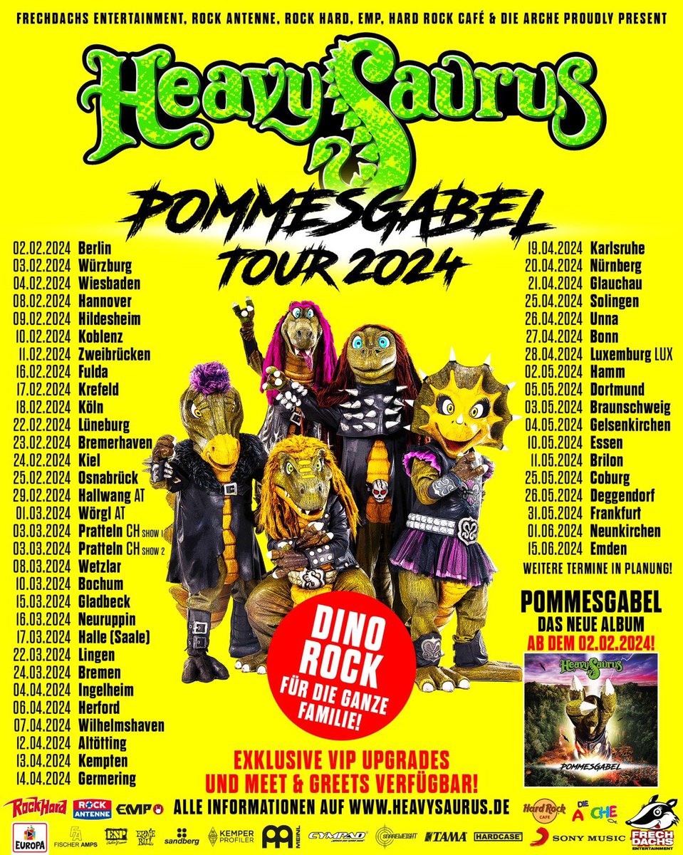 Auch 2024 geht’s rund: neues Album und neue Tour. Und damit es nicht langweilig wird bestätigen wir heute ganz frisch:

• 22.02.2024 Lüneburg
• 05.05.2024 Dortmund

🎫 Heavysaurus.de/live 🎫
