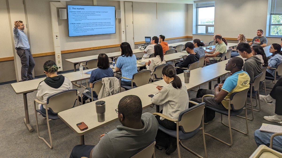 PurdueAgEcon's tweet photo. Today Professors Jake Ricker-Gilbert, @ValerieKilders, and Diego Cardoso hosted a seminar for AgEcon graduate students to learn and ask questions about the job market process. @PurdueAgGS @GradPurdue https://t.co/SxmSbovbzG