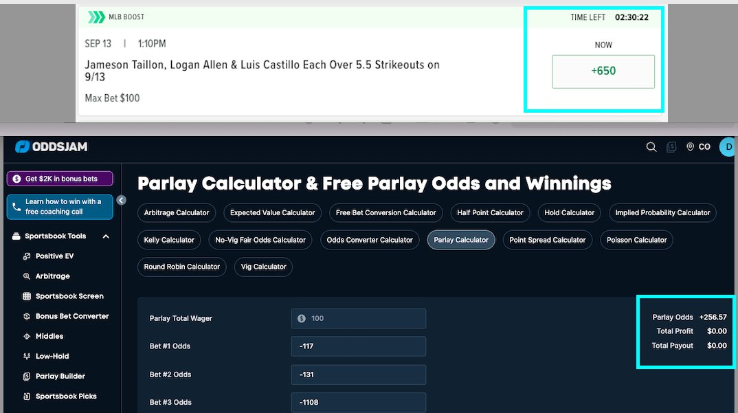 CoffeeAndBets's tweet photo. PARLAY OF THE DAY!

Caesars is offering +650 on the #Sportsbet #Parlay listed below. The Odds Calculator from @Oddsjam shows true odds (each leg's odds are pulled from Caesars' in real time). I'd place this bet every day of the week. https://t.co/tj5kNNjFvt