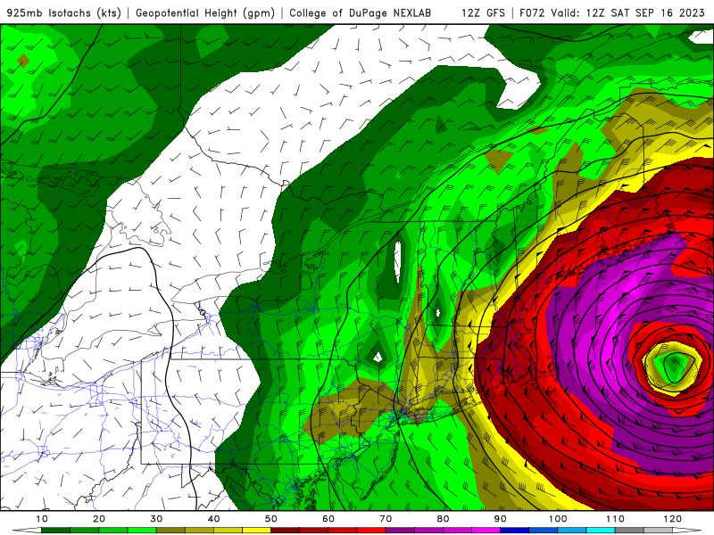 Lee will pass well east of Cape Cod on Saturday. It's wind field (shown here a couple thousand feel above the ground) will be quite large and the wind will be gusty in Connecticut. A few power outages possible. Offshore wind means no coastal flooding at least!