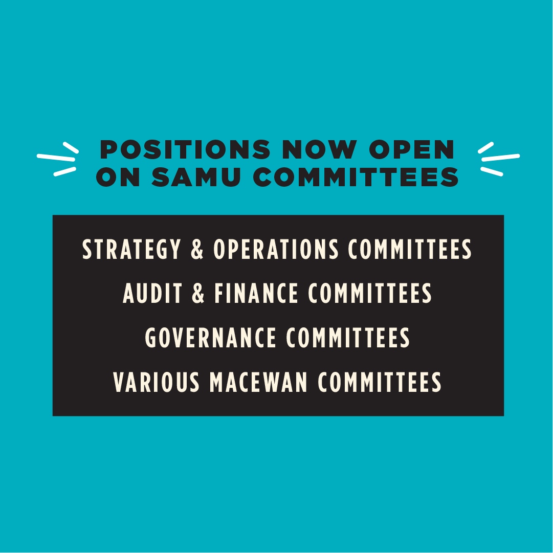 SAMacEwan's tweet photo. LET'S GET COMMITTEED 

SAMU and MacEwan are looking for students to join various committees! Positions include engagement and strategy, student governance and finance. 

Visit https://t.co/CO8AirNNCI to apply and find out more!

#samacewan #students #committee #yeg #yegdt https://t.co/BZccFPGgYN