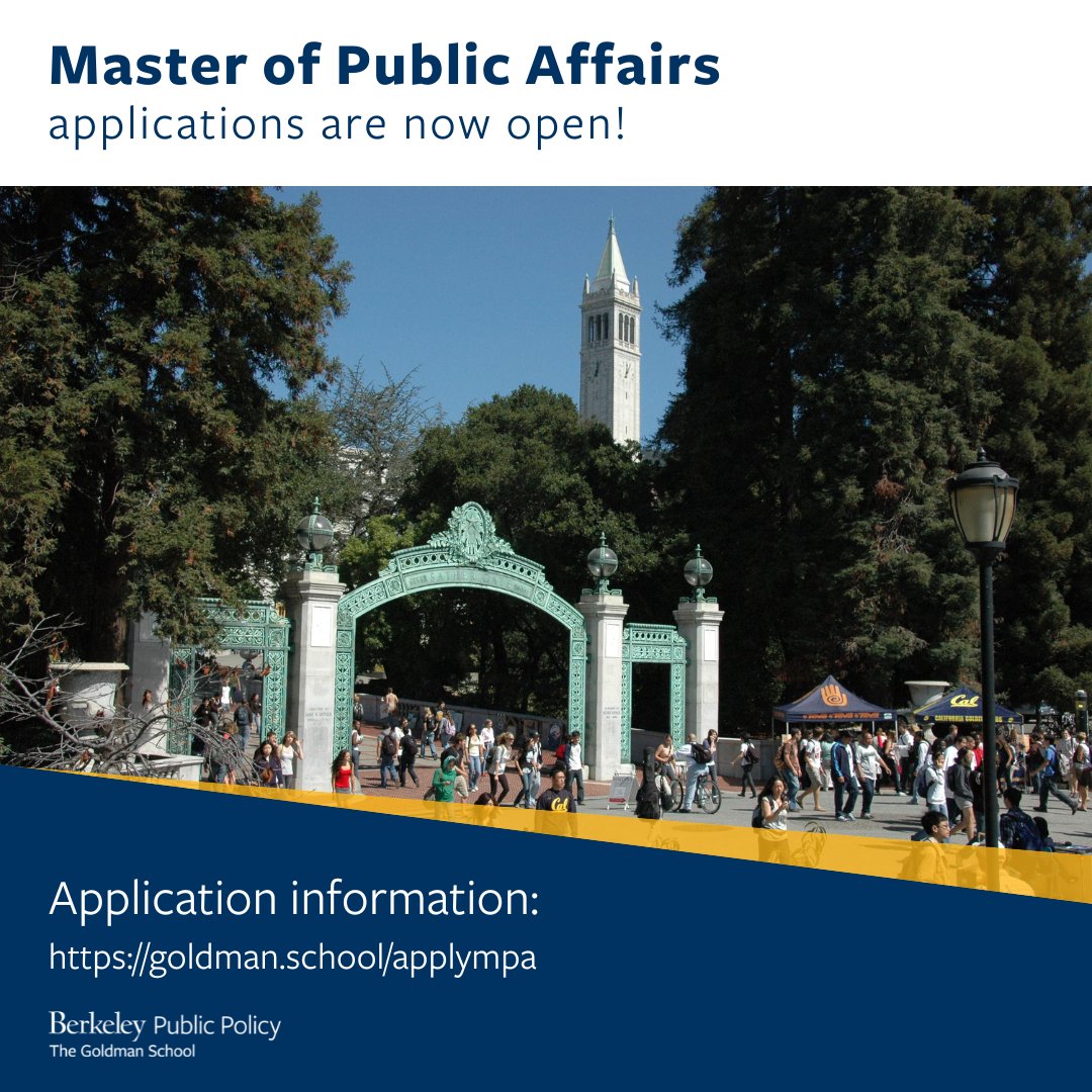 GoldmanSchool's tweet photo. Elevate your impact with Berkeley's Master of Public Affairs Program! The Berkeley MPA application opens TODAY. Visit our website or schedule a twenty minute one-on-one meeting with an admissions officer to learn more: https://t.co/HocwGS9qtA

@UCBerkeley #gradschool #gspp https://t.co/U94Fm8brKJ