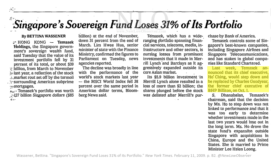 NewLowObserver's tweet photo. February 2009: Singapore Sovereign Wealth Fund
"...Temasek's chairman, said that the decision by Ms. Ho to step down was not linked to performance..." 🙄 https://t.co/GplCSV3wA2