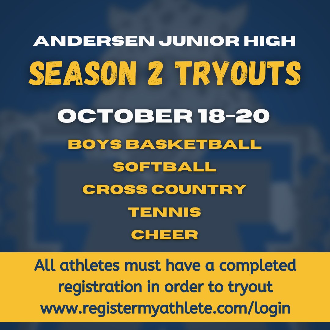 AndersenJags's tweet photo. Season 2 Tryouts will begin when we return from Fall Break. In order for students to tryout they must:
- register on https://t.co/1tZEdVzk8E
- have a completed sports physical
- turn in all previous uniforms and equipment

Questions - Please call 480-883-5310. #GoJags https://t.co/7021lKZpCv