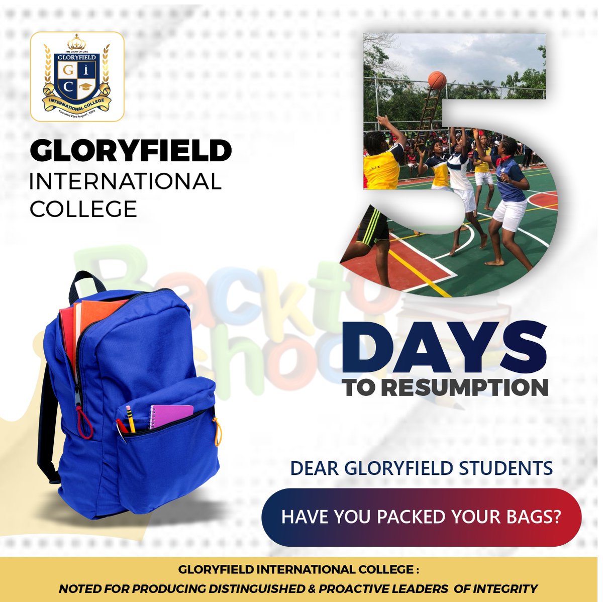 After a long period of vacation, our learners are now anticipating their resumption. We are very sure that long break has been invigorating and learners definitely cannot wait to return to the pitch, classrooms, library and laboratories. Happy resumption in advance learners !!!!!
