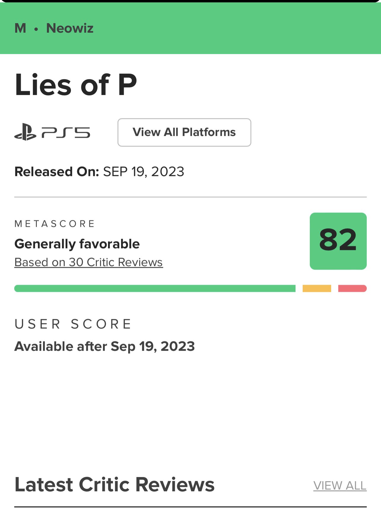 Bruna G 🎮 on X: Lies of P com 82 no metacritic. Estou lendo algumas  análises e parece um jogo muito interessante, um bom soulslike. Fiquei  interessada em jogar, mas vou aguardar