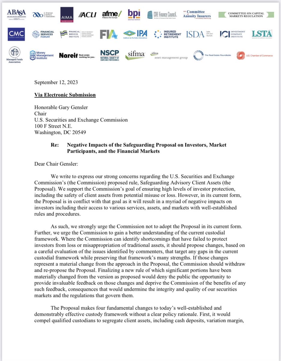 AlexanderGrieve's tweet photo. Noteworthy this morning: @SIFMA, @ABABankers, and basically every other major tradfi DC trade group has submitted a comment letter to the @SECGov saying the safeguarding (custody) rulemaking should be withdrawn entirely. https://t.co/MgU9T6cmpw