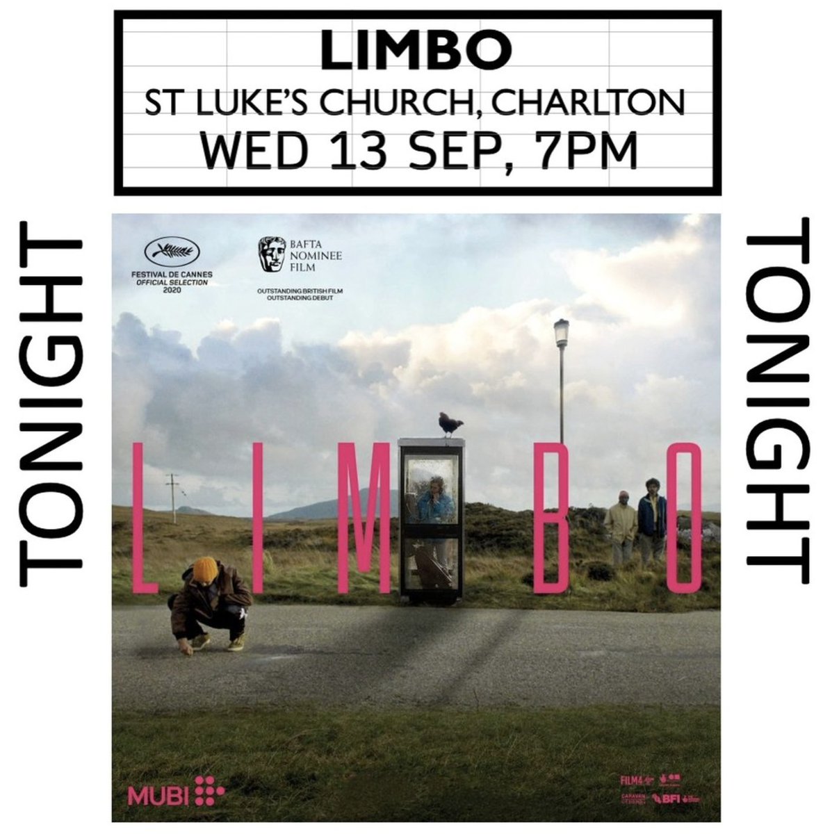 Our mid-week screening takes place tonight (Wed 13th Sep) at St Luke's Church in Charlton Village with a free showing of the film LIMBO (12), a wry look at the refugee experience on a fictional Scottish island. Subtitles for your eyes... bring a cushion for your bottom though :)