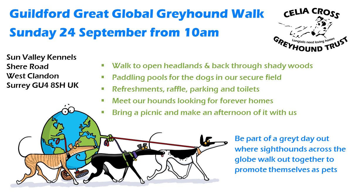 Just 12 days until our #Guildford #GreatGlobalGreyhoundWalk - hope to be one of the 10 biggest in the world for the 9th year! It's a greyt day out raising funds & the profile of the gorgeous dogs 💚 #GGGW2023 facebook.com/events/2223376… greatglobalgreyhoundwalk.co.uk