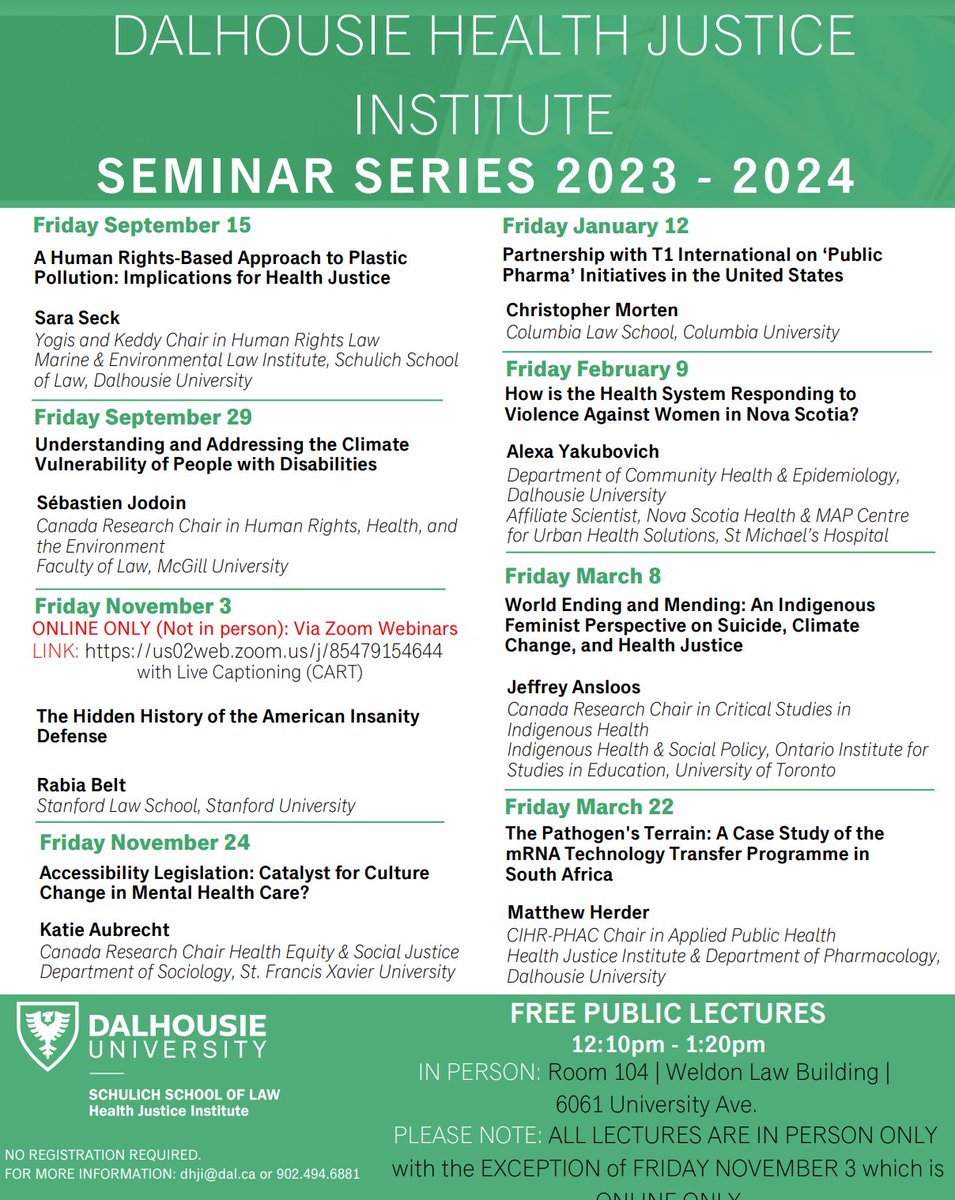 THIS FRIDAY! <a href="/DalhousieHJI/">Dalhousie Health Justice Institute</a> kicks off its 2023-24 Seminar Series. 

Centered on the theme of 'health justice', we have an incredible lineup of 8 talks with presentations by:

@SaraSeck 
Sebastien Jodoin
Rasia Belt
Katie Aubrecht
<a href="/cmorten2/">Chris Morten</a> 
<a href="/AlexaYakubovich/">Alexa Yakubovich</a> 
@jeffreyansloos 
+ me!