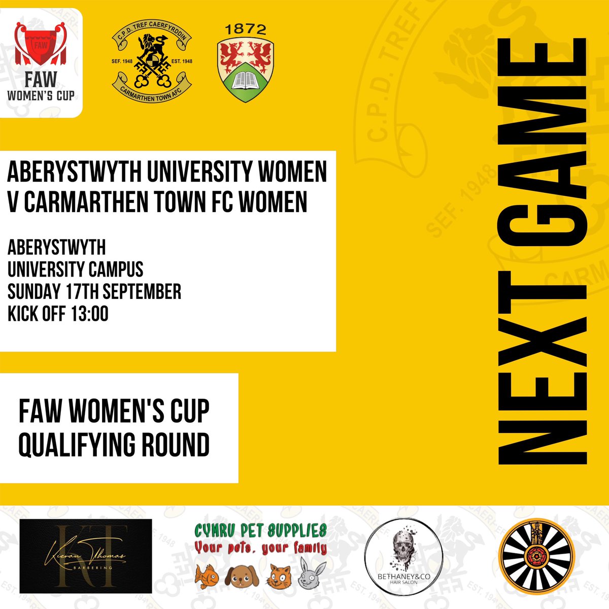 𝐍𝐄𝐗𝐓 𝐆𝐀𝐌𝐄 🏆

We kick off our campaign in the FAW Women’s Cup Qualifying Round this coming Sunday. 

🆚 <a href="/AberUni/">Aberystwyth University</a> 
⏰ 13:00 KO
🏟️ ABERYSTWYTH UNI CAMPUS
🏆 FAW WOMEN'S CUP - QUALIFYING ROUND