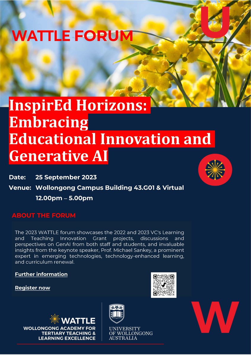 Exciting news! 🌟 Join us at the 2023 WATTLE Forum on Monday, Sep 25th, to dive into the world of GenAI, VC's T&amp;L Innovation Grant projects, and insights from Prof. Michael Sankey! Whether on-campus or tuning in virtually, you won't want to miss this!  #WATTLEForum23 #GenAI <a href="/UOW/">UOW</a>