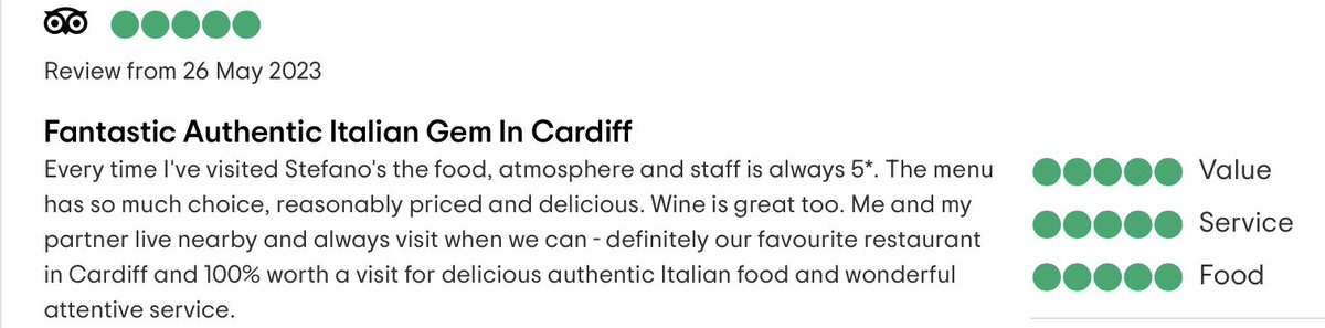 StefanosCardiff's tweet photo. We wanted to share with you some of our 5* Reviews on Tripadvisor 🤩

We would love to see more of your amazing reviews- don’t forget to leave yours after dining with us. 📝

Haven’t dined with us yet? 
Book your table today! 

📲 Call us: 02920 372768.
💻 Book via our Website https://t.co/GaL2sa7ztU