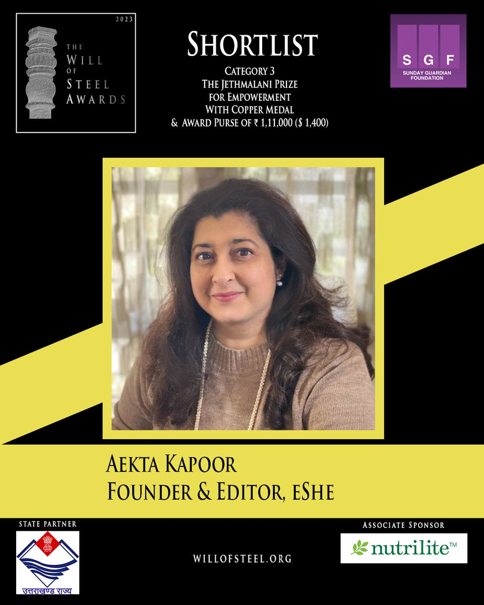The Sunday Guardian Foundation presents The Will of Steel Awards 2023. Aekta Kapoor, Founder &amp; Editor, eShe (<a href="/AektaKapoor/">Aekta Kapoor</a>) has been shortlisted for The Jethmalani Prize for Empowerment. 
.
.
<a href="/MygovU/">MyGov Uttarakhand</a>
 <a href="/amwayindia/">Amway India</a>