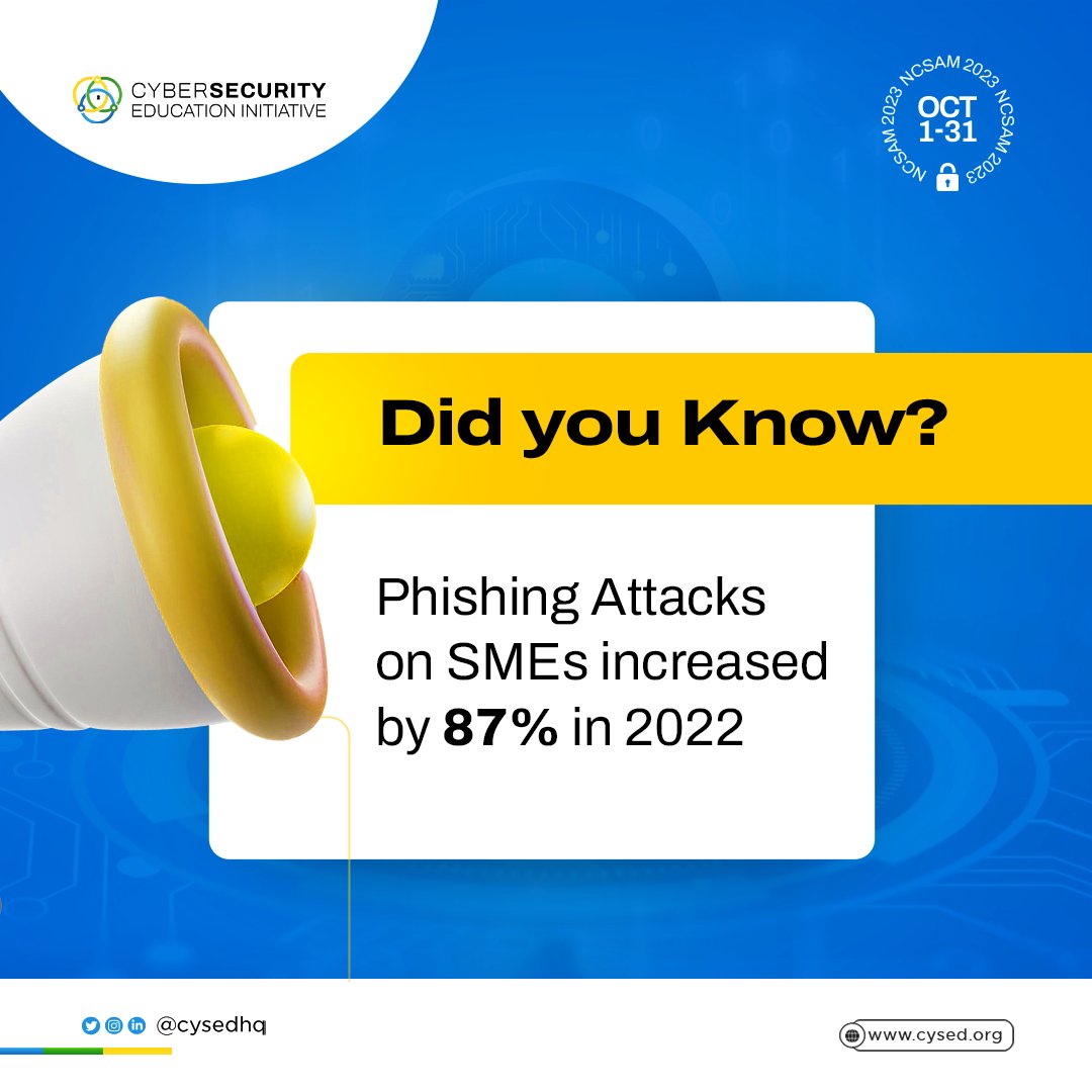 cysedHQ's tweet photo. No matter the size of a business, it stands exposed to diverse cyber attacks.

#NCSAM23 is for SMEs to guard their business operations.

Register for our free #cybersecurity workshop: https://t.co/cPm0TgigCu

#SMEs #SMEattacks #phishing #Awareness #worskshop #SabiCyber https://t.co/7GbOx2zNHk