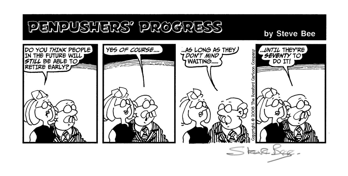 mouthymoney's tweet photo. Explore the future of retirement humor with @CartoonistBee’s 'PENPUSHERS’ PROGRESS'! 😄

Will people in the future still retire early? Find out why we might have to wait until we’re SEVENTY! 😅 

#personalfinance #pension #pensionawerenessweek #stevebeecartoons https://t.co/GwA5ULRGE0