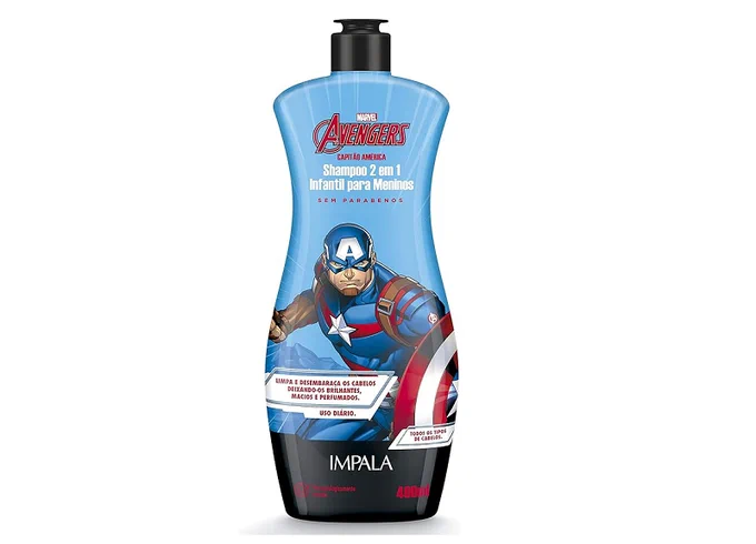 Shampoo 2 Em 1 Infantil Para Meninos Marvel Avengers Capitão América, 400 Ml, Impala Cosmeticos
