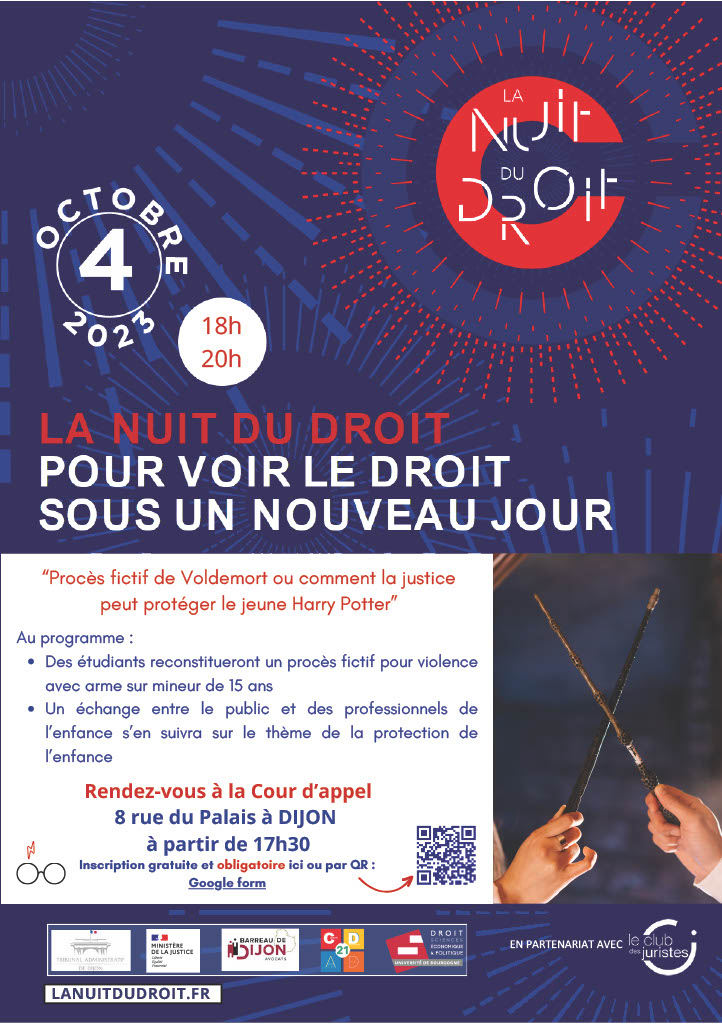 Rendez-vous le 4 octobre à partir de 17h30 pour #LaNuitDuDroit à la Cour d'appel de Dijon pour assister au procès fictif de Voldemort avec <a href="/TJDijon/">Tribunal judiciaire de Dijon</a> @BatonnierDijon, le tribunal administratif, <a href="/UFR_DSEPDijon/">UFR-DSEPDijon</a>  et <a href="/CdadCotedor/">CDAD de Côte d'Or</a>. 
Entrée gratuite avec inscription.
Venez nombreux !