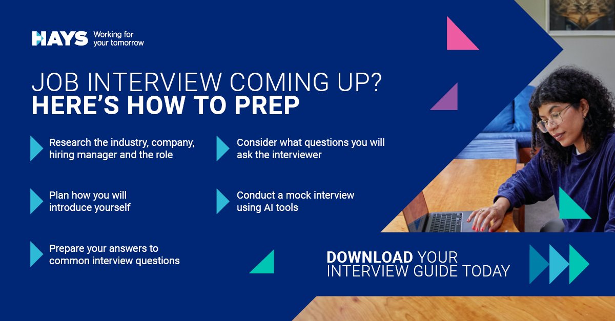 HaysWorldwide's tweet image. Prepping for an interview?
Swipe below to see the steps on what to do before your interview!
Make sure to download our Interview Guide to see what to do on the day and after your interview bit.ly/3LenNd8 
 
#InterviewGuide #interview #NewJob #WorkingForYourTomorrow