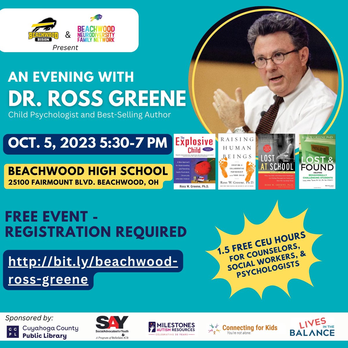 milestonesorg's tweet photo. Excited to sponsor An Evening with Dr. Ross Greene, renowned child psychologist and best-selling author! October 5th at 5:30 at Beachwood High School.
The event is FREE and open to the public. To register, go to: https://t.co/PPAVaHlHrN 
#drrossgreene #childpsychologist #autism https://t.co/w38v0iX7Ue