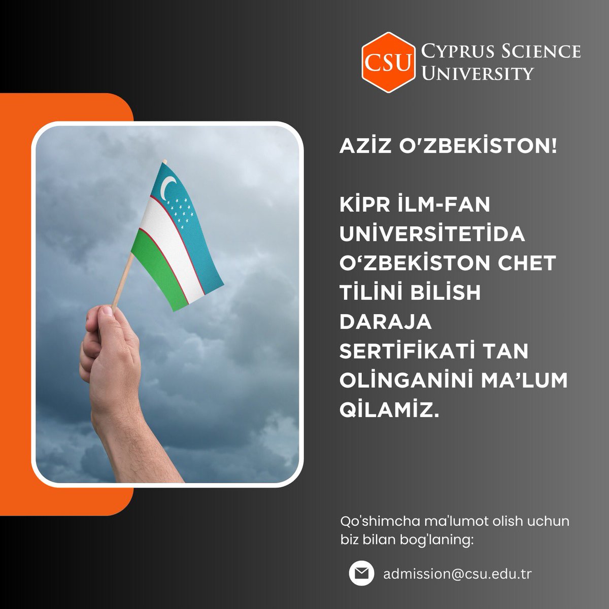 caucampus's tweet image. Dear Uzbekistan!

We Are Delighted To Imform You That The Uzbekistan English Language Proficiency Exam Is Recognized At Cyprus Science University 🧡

#YouFirst #csueducation #englishlanguageproficiency #uzbekistan