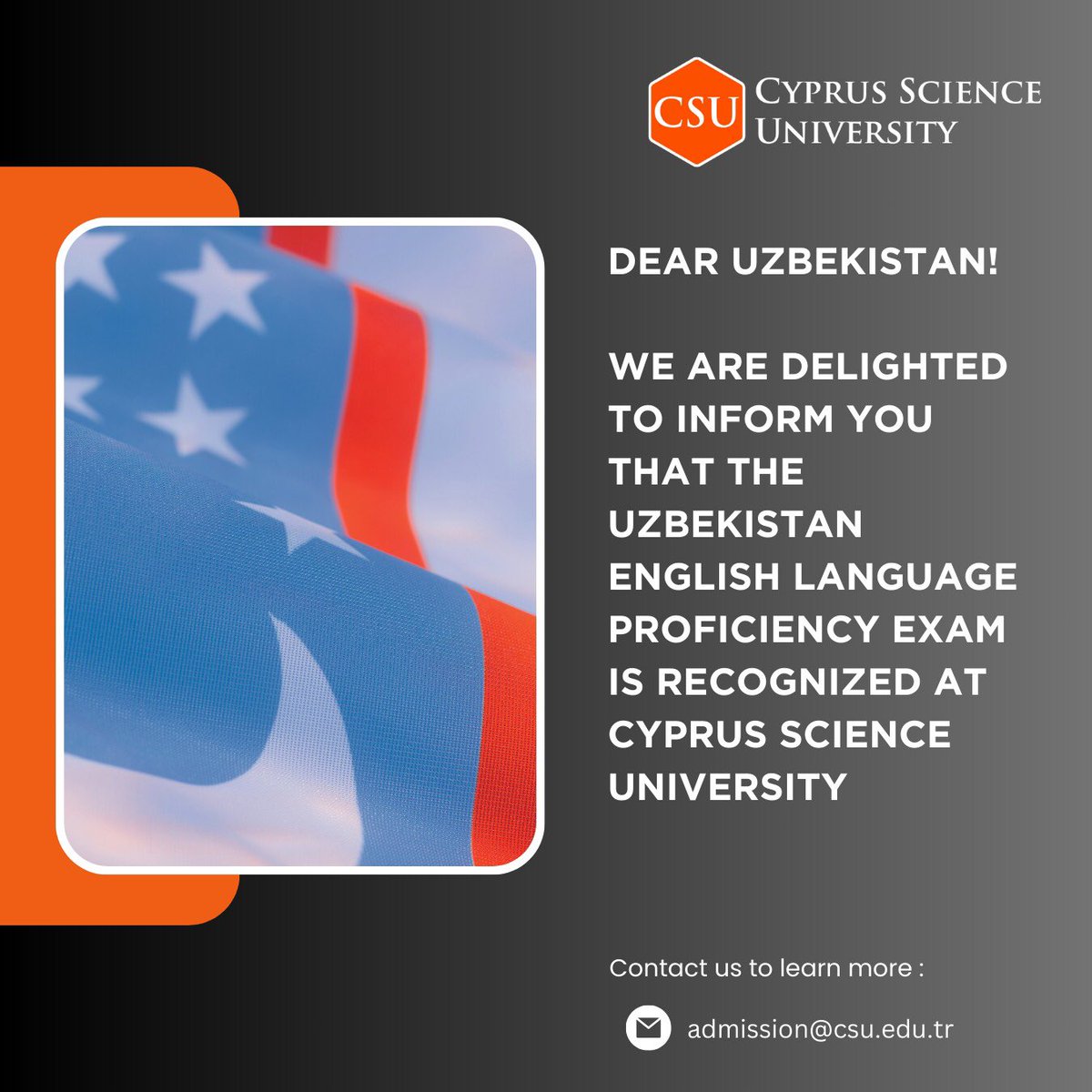 caucampus's tweet image. Dear Uzbekistan!

We Are Delighted To Imform You That The Uzbekistan English Language Proficiency Exam Is Recognized At Cyprus Science University 🧡

#YouFirst #csueducation #englishlanguageproficiency #uzbekistan