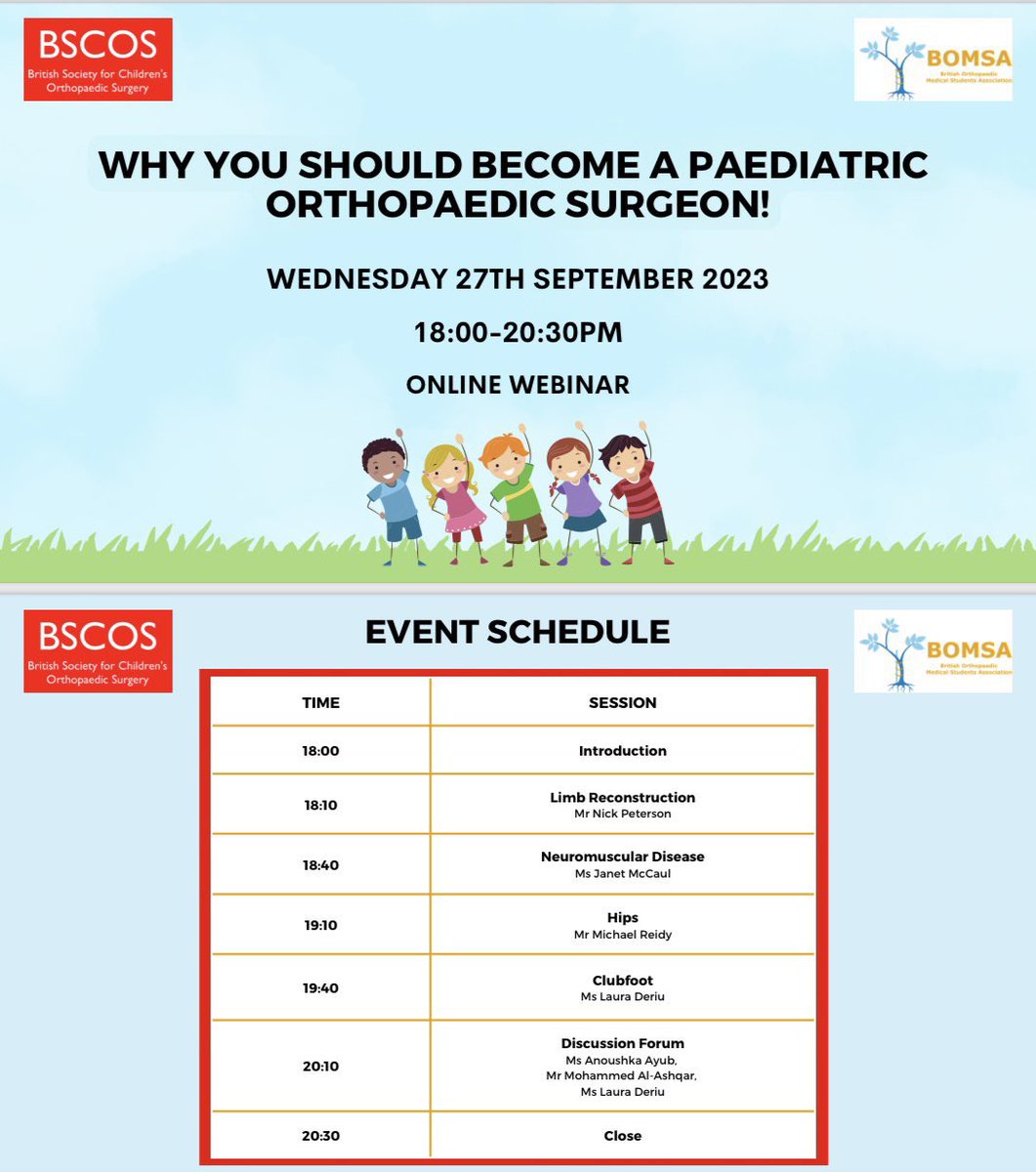 RGeetalaortho's tweet photo. Interested in orthopaedics or paediatrics?

Join @BSCOS_UK on 27/9 6-8:30pm for a fantastic webinar discussing limb reconstruction, neuromuscular disease, hips and clubfoot, led by a wonderful panel of speakers 
@mikejreidy @JanetMccaulx @laura_deriu 

https://t.co/sjA73iyxxn https://t.co/Q9upmKP4cL