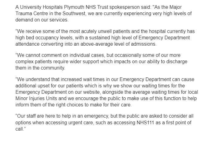 ShaunLintern's tweet photo. 🏥⚠️On Monday night at Derriford Hospital, Plymouth there were 21 ambulances waiting. One patient waited at least 45 hours for a medical bed, another mental health patient waited 95 hours +. Six hour wait to see a doctor and 3 hour wait to be triaged. Statement from @UHP_NHS: https://t.co/LyZfDbEaWQ