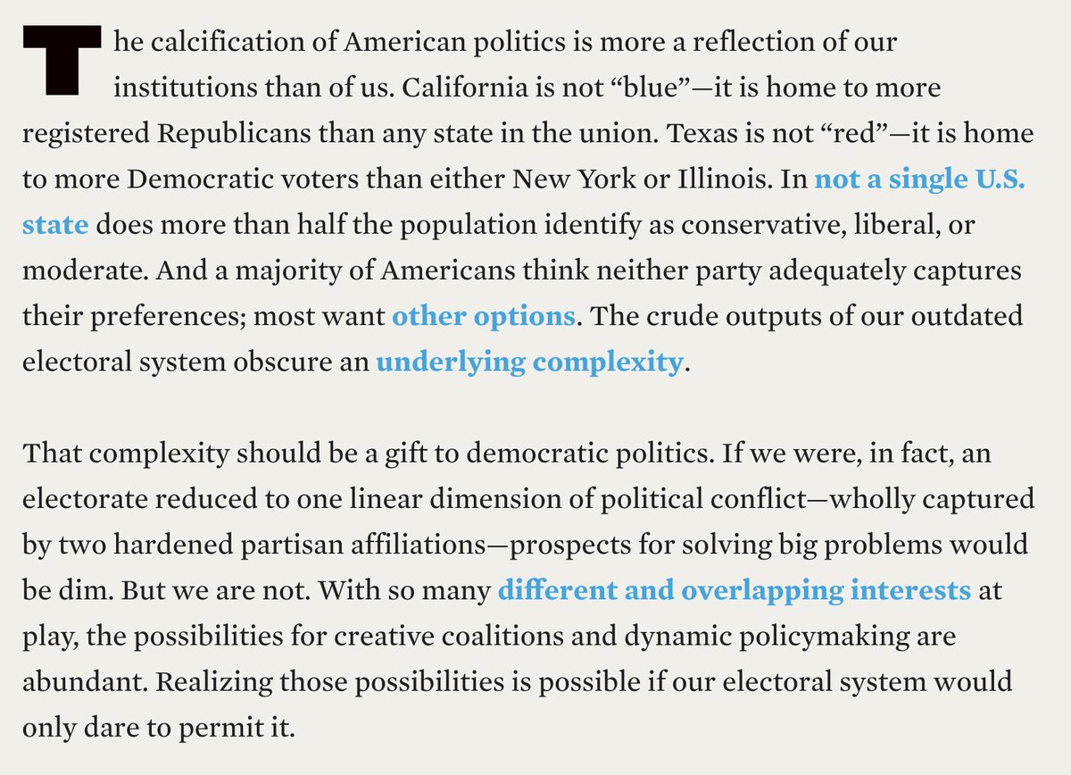 The hardening of our politics into "two massive and immovable blocks" isn't great news for workable self-governance. In <a href="/DemJournal/">Democracy Journal</a>, <a href="/btremitiere/">Beau Tremitiere</a> &amp; I look at how winner-take-all elections deserve a lion's share of the blame, and what to do about it. democracyjournal.org/magazine/70/wh…