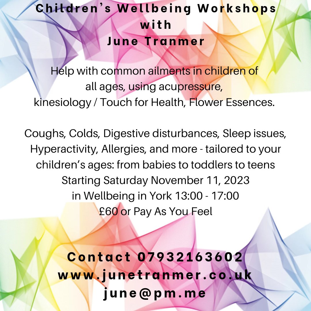 JuneTHealing's tweet image. Coming up in November in The new @wellbeinginyork room at The Innovation Centre, York Science Park - the first live Introduction to Children's Wellbeing class in a while...
Come and find out how to apply the simple techniques from #TouchForHealth, acupressure, and learn about ...