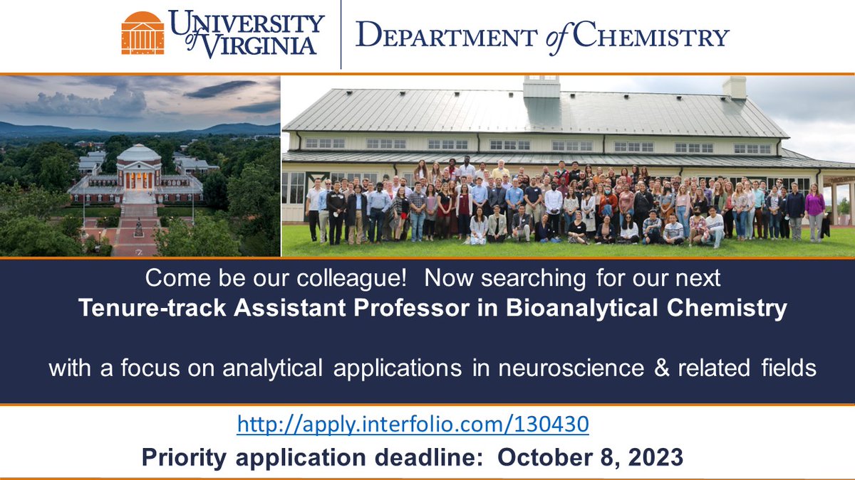 ChemistryUVA's tweet photo. We are hiring a tenure-track Assistant Professor in bioanalytical chemistry with applications to neuroscience!
#WomeninSTEM @BlackInChem @BlackInNeuro @LatinxinSTEM @WorldWomenNeuro @BLACKandSTEM #NativeSTEM #DisabledInSTEM #LGBTinSTEM #QueerinSTEM

https://t.co/pmIRivYUAj https://t.co/6vvz3yesp2