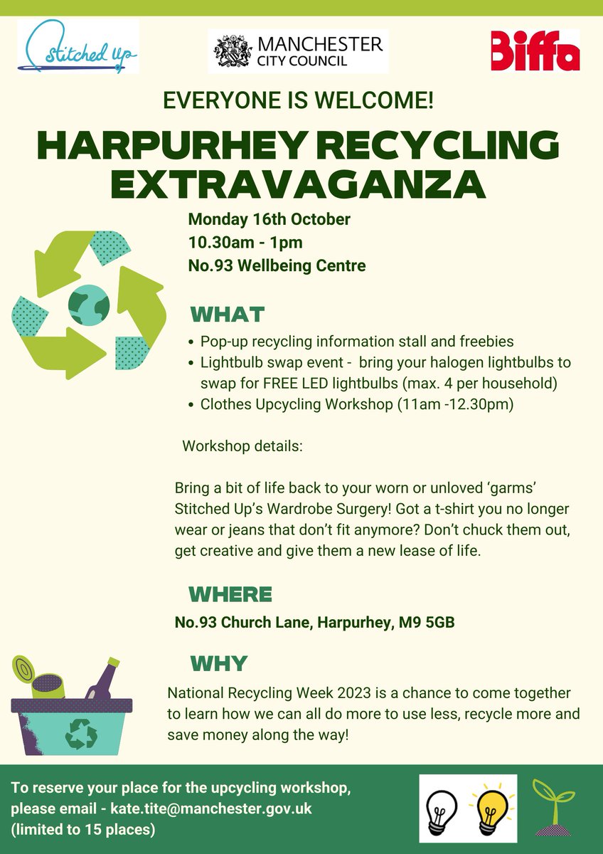 MCC Harpurhey (@mccharpurhey) on Twitter photo Join us for the #Harpurhey Recycling Extravaganza on Mon 16 Oct!
We'll be at No. 93 to host an info stall with freebies & advice, plus a Lightbulb Swap!
We'll also be running a clothes upcycling workshop with <a href="/StitchedUpCoop/">Stitched Up</a> - to book your place ๐จ kate.tite@manchester.gov.uk Join us for the #Harpurhey Recycling Extravaganza on Mon 16 Oct!
We'll be at No. 93 to host an info stall with freebies & advice, plus a Lightbulb Swap!
We'll also be running a clothes upcycling workshop with <a href="/StitchedUpCoop/">Stitched Up</a> - to book your place ๐จ kate.tite@manchester.gov.uk