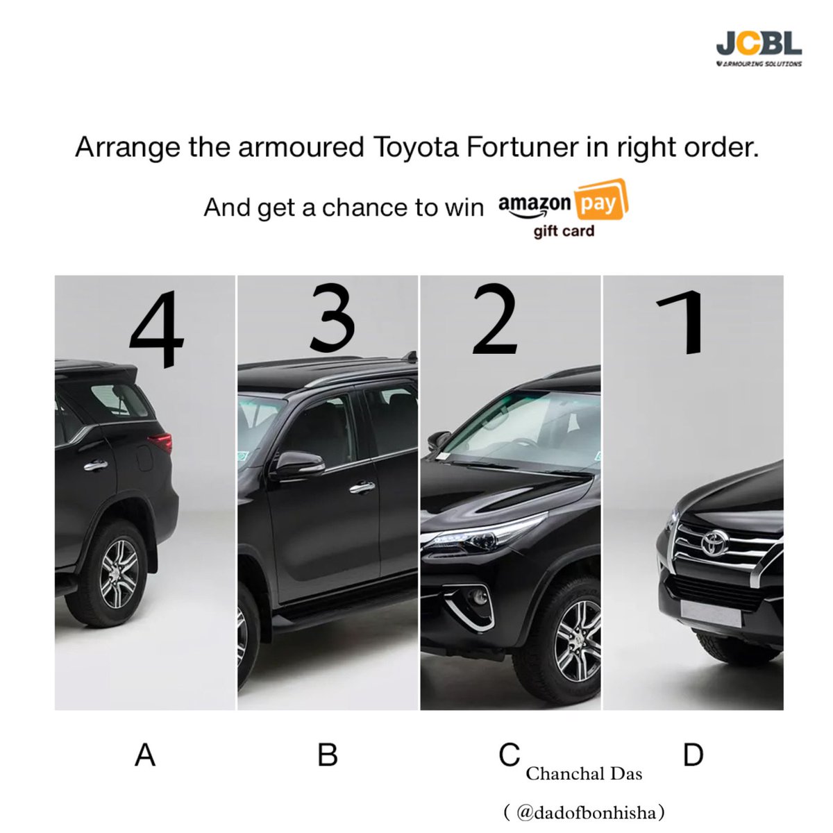dadofbonhisha's tweet image. Ans : D - C - B - A
#JCBLGroup #JCBLArmouringSolutions
#Contest #Quiz #ContestAlert #contestalertindia #Armouring #bulletproofcars #CivilianArmoured #ArmouredFortuner #JCBLArmouringSolution  @jcblarmoring 

Join
@vijumicro @Raahi_supergirl @ranchikuldeep @im_Sarang_N @yourdb_