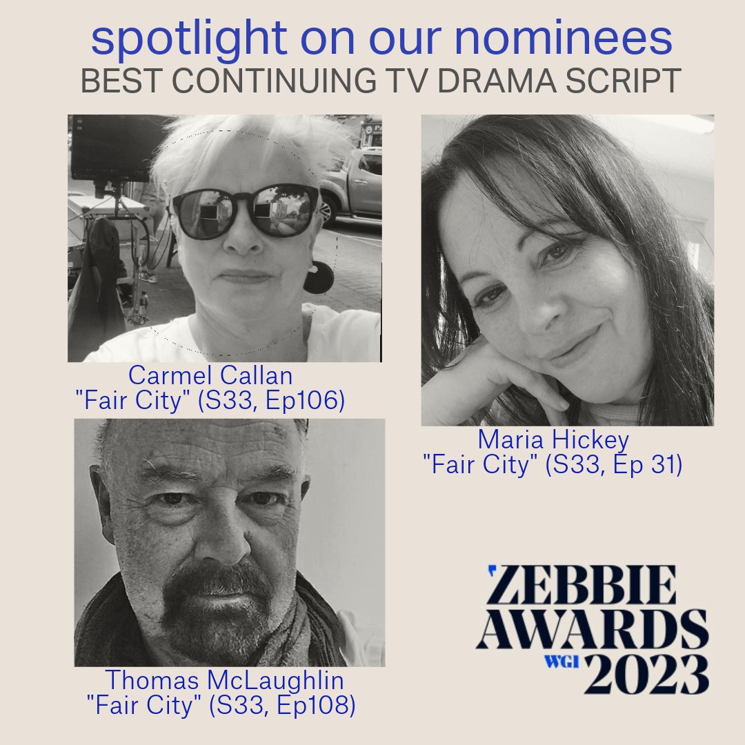 Today in the #Zebbies23 spotlight, the talented & tenacious writers keeping us engaged and entertained, series after series – hats off to Carmel Callan, Maria Hickey & Thomas McLaughlin – to vote, go to script.ie/zebbies/2023/