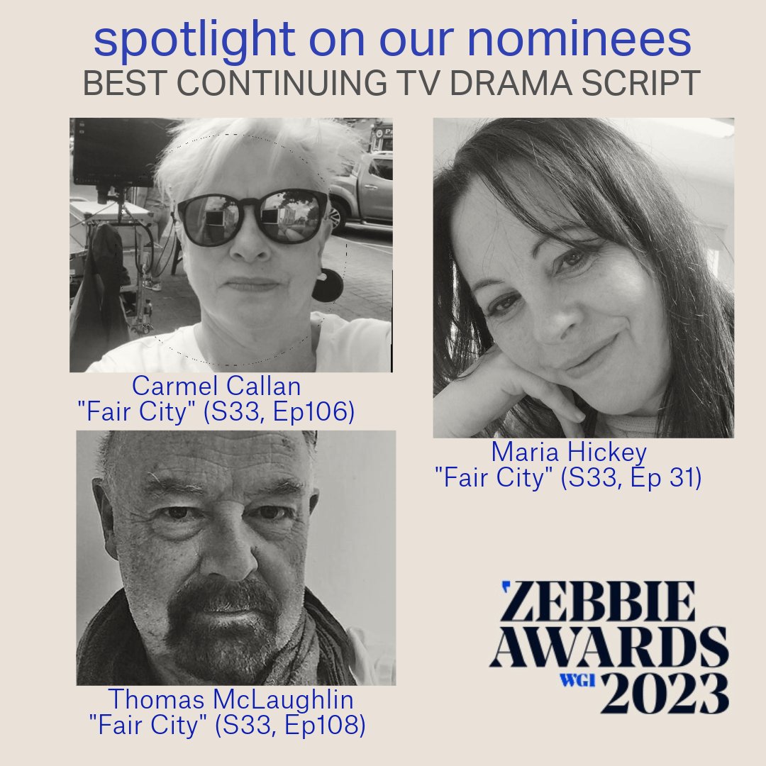 WritersGuildIRL's tweet photo. Today in the #Zebbies23 spotlight, the talented &amp; tenacious writers keeping us engaged and entertained, series after series – hats off to Carmel Callan, Maria Hickey &amp; Thomas McLaughlin – to vote, go to https://t.co/uB6n9EKfdh https://t.co/xIHCocA8Xm