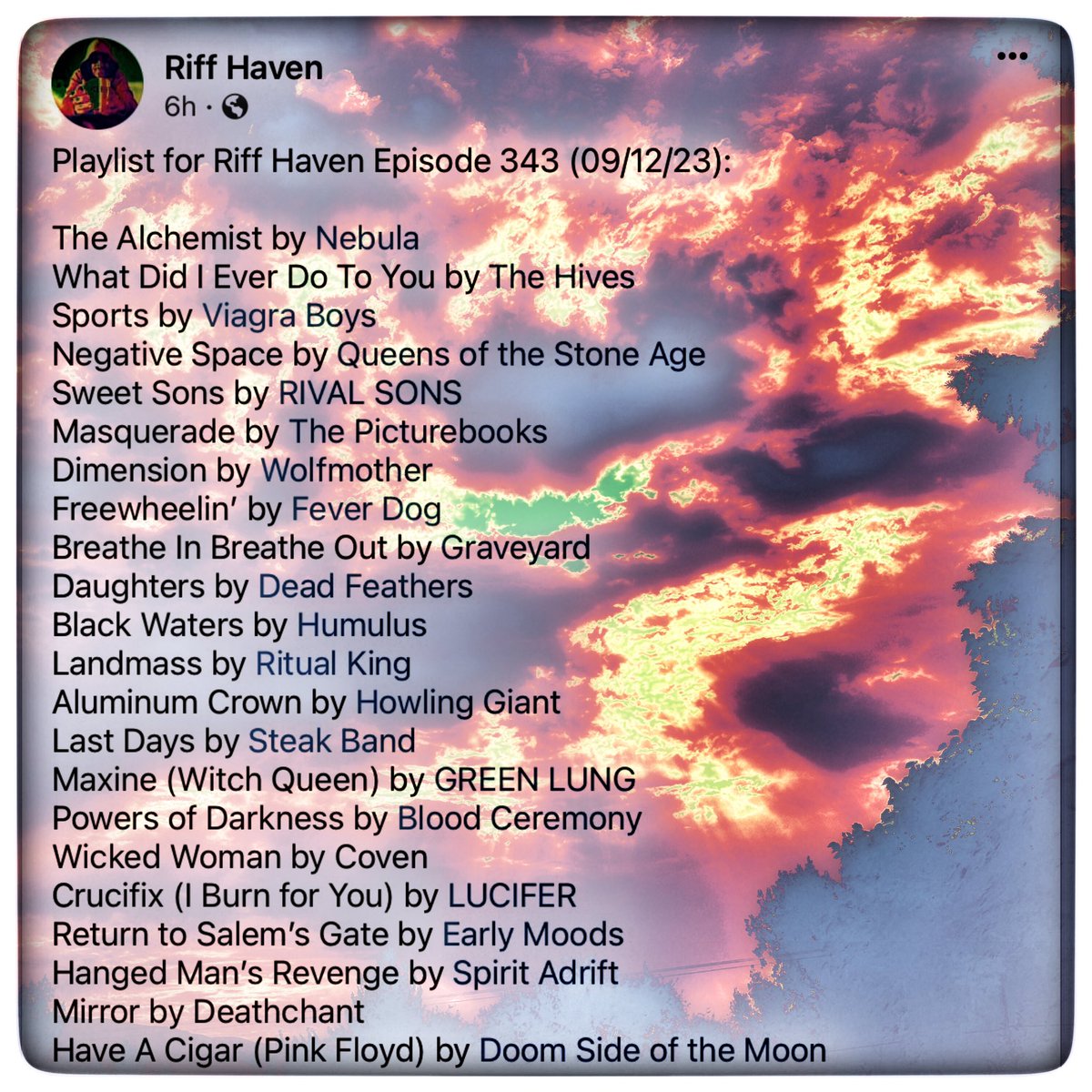 RiffHaven's tweet photo. #RiffHaven #radioboise #Nebula #TheHives #ViagraBoys #QOTSA #RivalSons #ThePicturebooks #Wolfmother #FeverDog #Graveyard #DeadFeathers #Humulus #RitualKing #HowlingGiant #Steak #GreenLung #BloodCeremony #Coven #Lucifer #EarlyMoods #SpiritAdrift #Deathchant #doomsideofthemoon https://t.co/fPE4XXmHsg