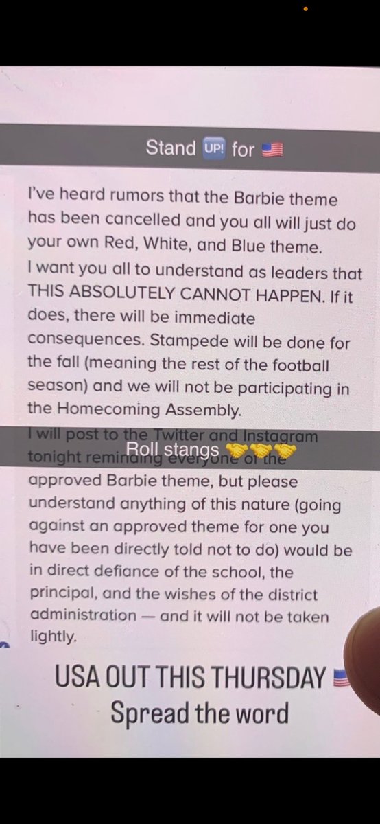 DanProft's tweet image. Rolling Meadows HS' Lisa DeRocha tells students no Red, White and Blue assembly b/c the American flag is racist (even during 9/11 week). Guys can dress up like Barbie but not Toby Keith. Noncompliance will result in the elimination of the student cheering section (i.e. Stampede).