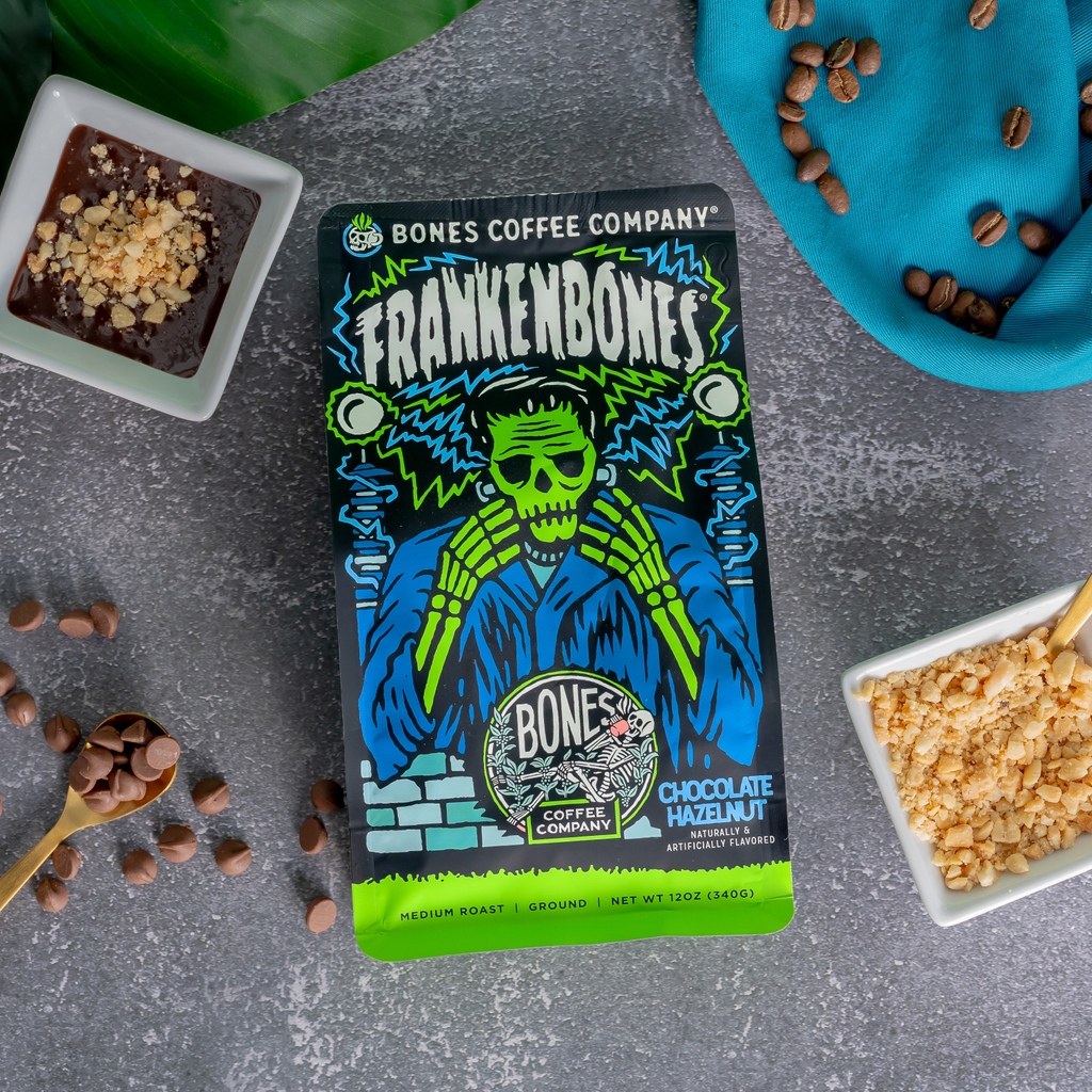 Frankenbones is ALIVE! Enjoy chocolate hazelnut flavored coffee as it returns once again for the Fall season! ☕️🧟‍♂️