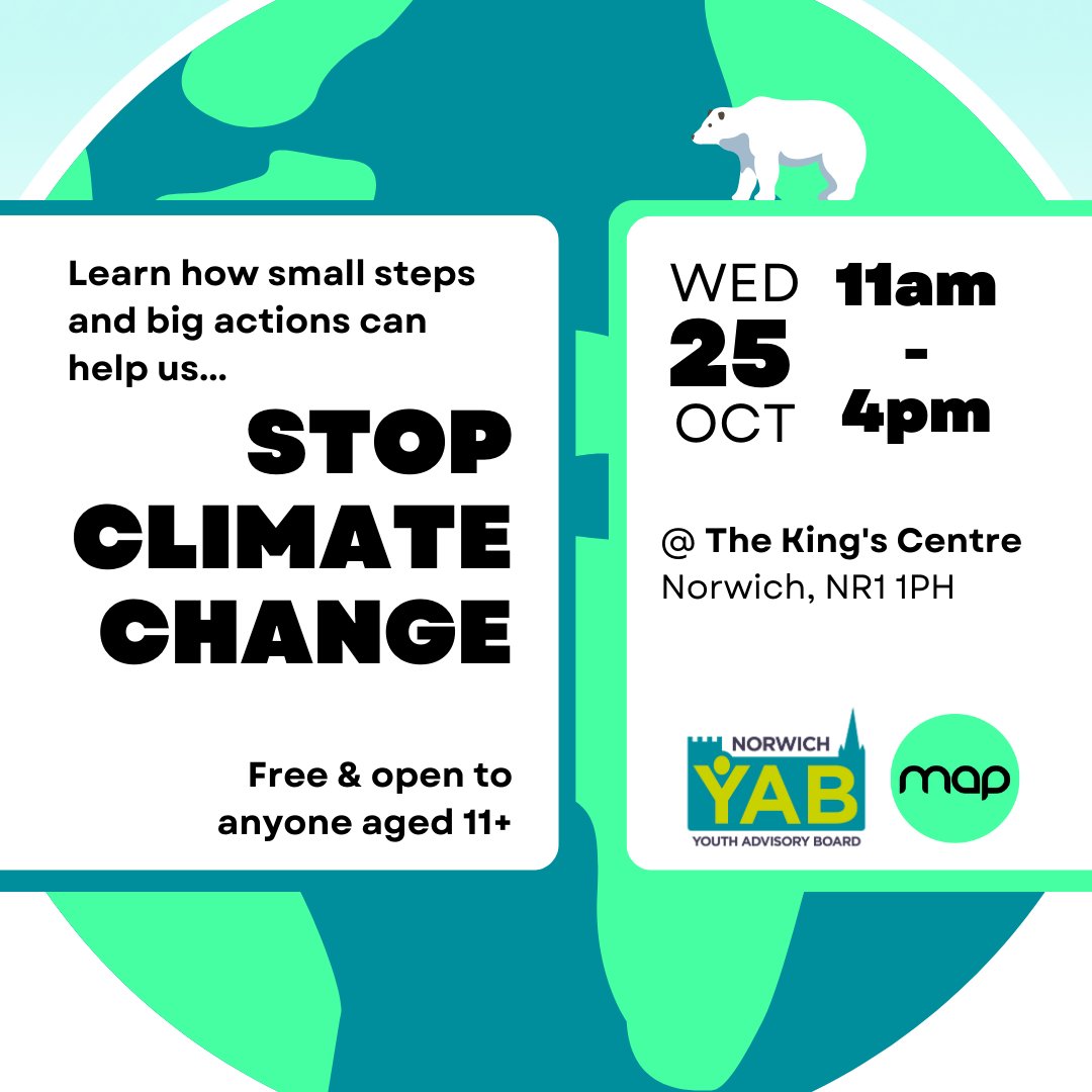 MAP Youth Charity (@mapyoungpeople) on Twitter photo Join <a href="/NorwichYAB/">Norwich YAB</a> on 25th Oct for their annual climate event. Anyone aged 11+ can come & share ideas & experiences around tackling the climate crisis 🌎
It's free, & you don't need a ticket, but it would be great if you could let us know you're coming
map.uk.net/whats-new/stop… Join <a href="/NorwichYAB/">Norwich YAB</a> on 25th Oct for their annual climate event. Anyone aged 11+ can come & share ideas & experiences around tackling the climate crisis 🌎
It's free, & you don't need a ticket, but it would be great if you could let us know you're coming
map.uk.net/whats-new/stop…