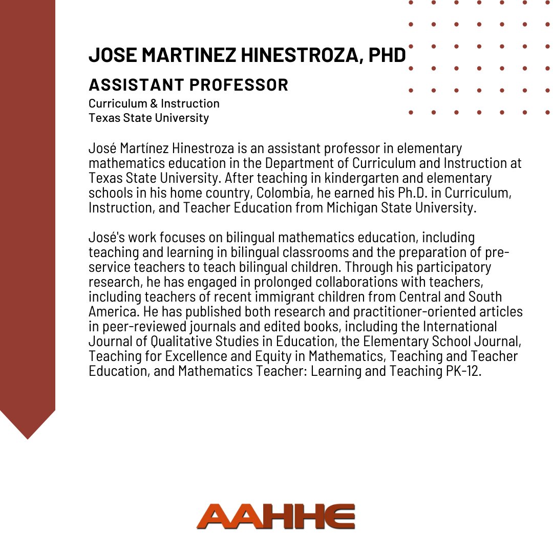 AAHHEorg's tweet photo. Please join us in congratulating Dr. Jose Martinez Hinestroza on being selected for the AAHHE 2023 Faculty Fellows Program! #AAHHEFFP2023
Learn more about this year's FFP cohort at https://t.co/RAGSG3XIeo
#AAHHE #fellowshipprogram #professionaldevelopment #highereducation https://t.co/0Tp3cGClPn