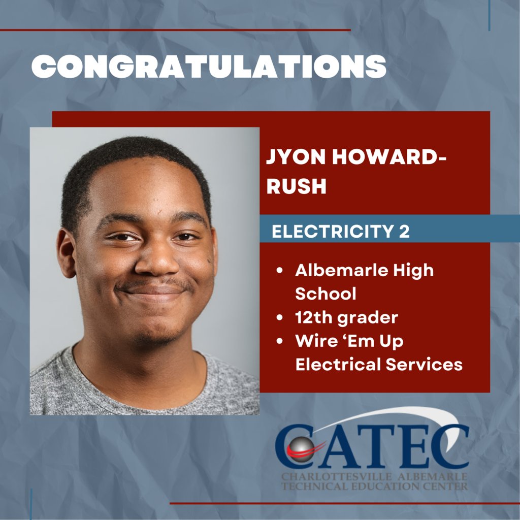 CATEC (@catechs) on Twitter photo Congrats to Elec 2 and AHS 12th grader Jyon Howard-Rush for making his summer job as an electrician's helper an internship through CATEC! Jyon is out working at Wire 'Em Up Electrical Services. <a href="/k12albemarle/">AlbemarleCountySchls</a> @albemarlecountypublicschools Congrats to Elec 2 and AHS 12th grader Jyon Howard-Rush for making his summer job as an electrician's helper an internship through CATEC! Jyon is out working at Wire 'Em Up Electrical Services. <a href="/k12albemarle/">AlbemarleCountySchls</a> @albemarlecountypublicschools