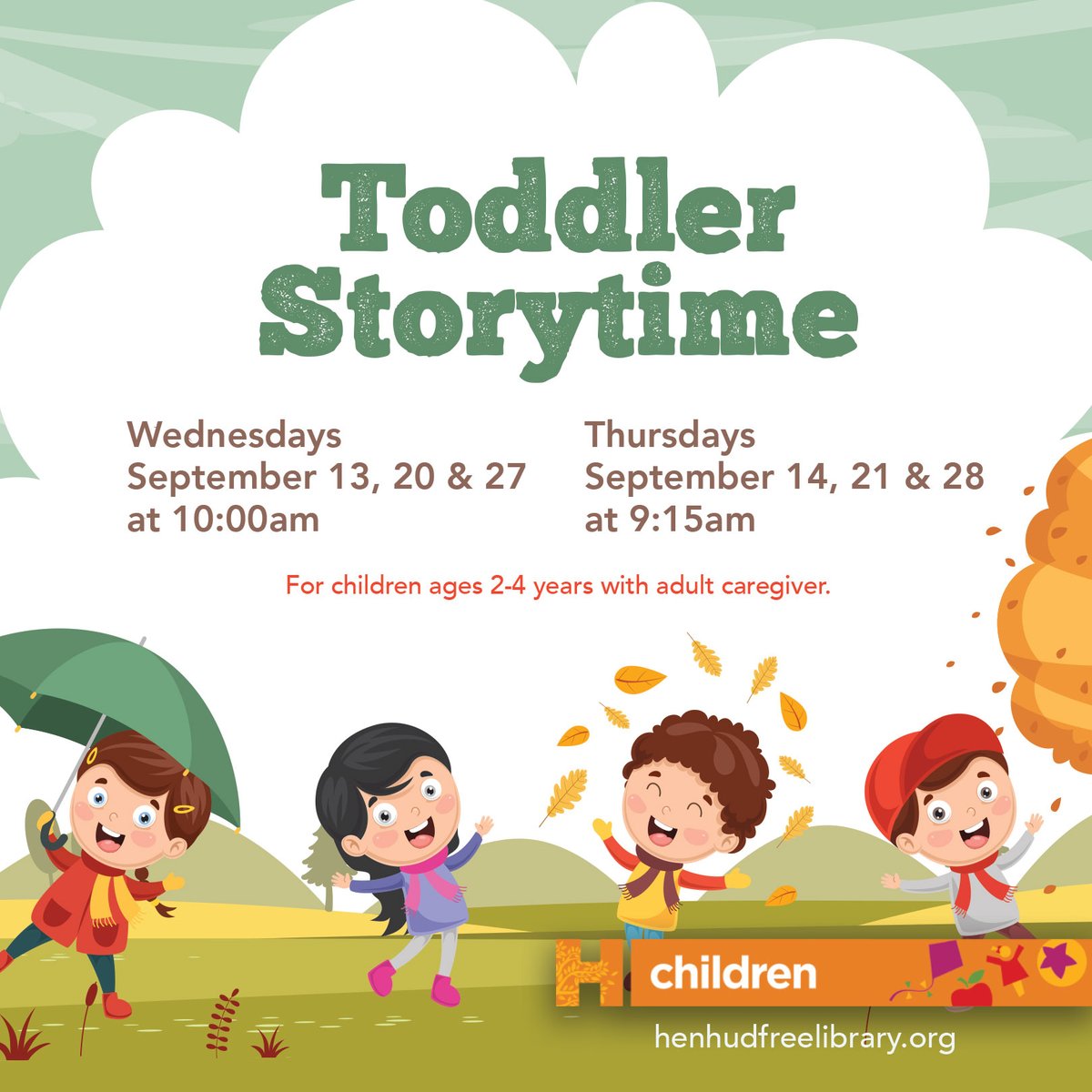 HenHudLibrary's tweet photo. Join Miss Terri for simple stories, songs and fingerplays. Registration is required (parents/caregivers do not need to register).
Visit our website to register.
#toddlerstorytime #storytime #hhfl #libray #librariesrock https://t.co/yck0EfQsqL