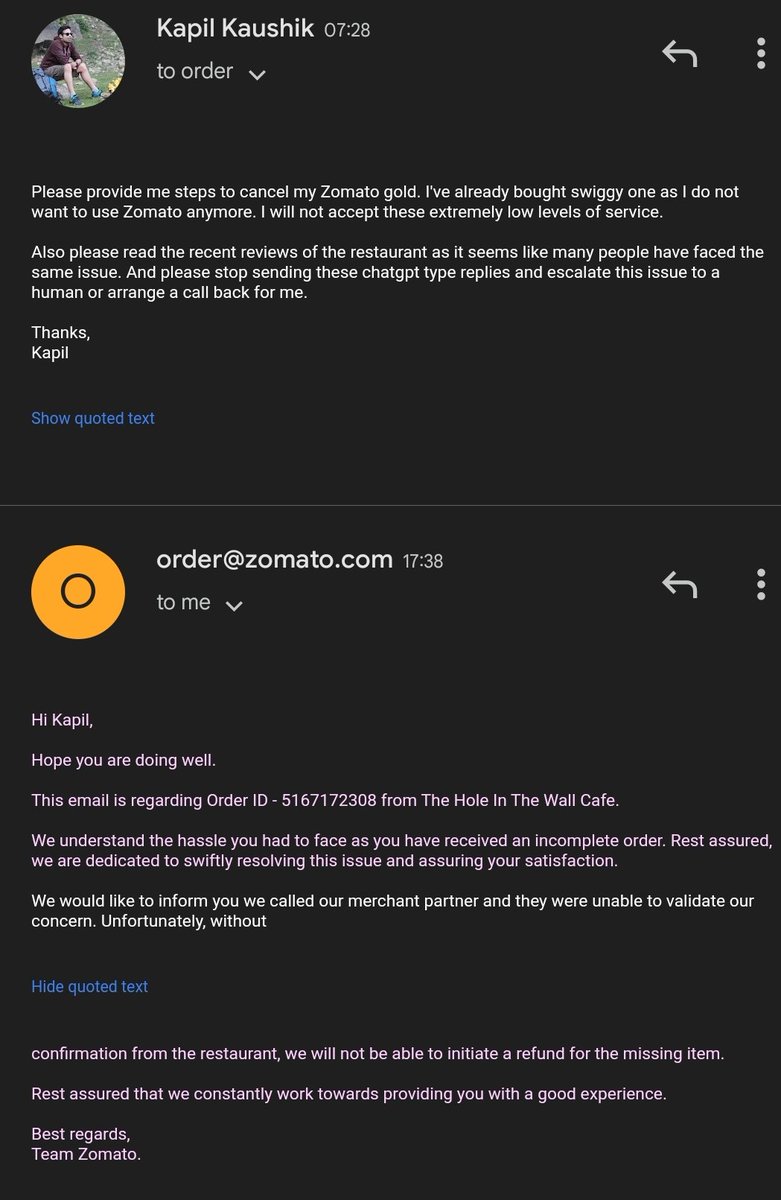 linkwithkk's tweet photo. @zomatocare @zomato Please fix or remove the AI BOT responding to your emails. It's a perfect example of how faulty AI implementations can lose a customer for you. https://t.co/PqTVRDaUox