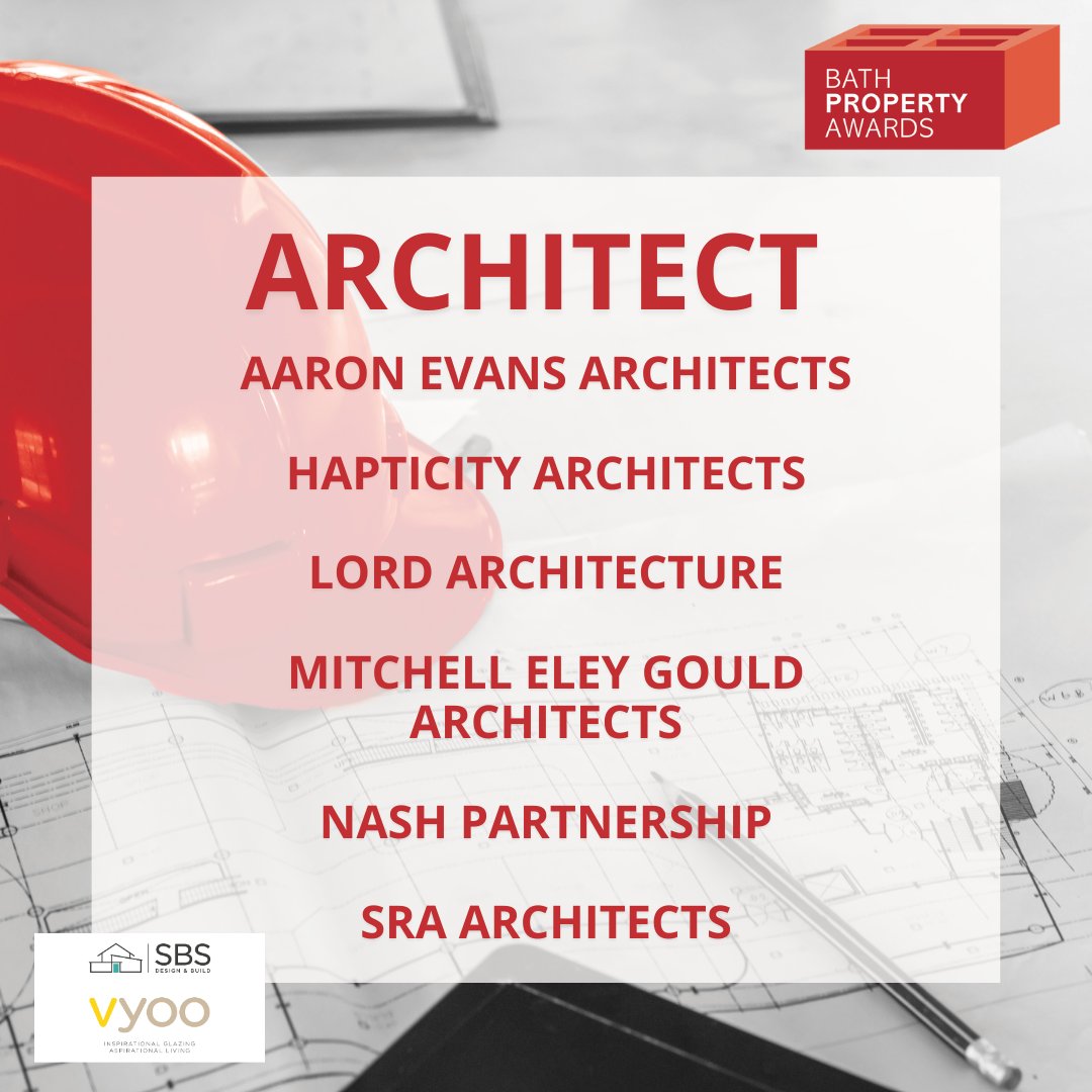 Bath Property Awards (@bathpropertyawd) on Twitter photo Our Architect Finalists are: <a href="/AEArchitects/">AaronEvansArchitects</a>, Hapticity Architects, Lord Architecture, <a href="/MEGArchitects/">Mitchell Eley Gould</a>, <a href="/NashPLLP/">Nash Partnership</a> and <a href="/SRA_Architects/">SRA Architects</a>
Congratulations to all! #BathPropertyAwards
Sponsored by SBS Design and Build and Vyoo Our Architect Finalists are: <a href="/AEArchitects/">AaronEvansArchitects</a>, Hapticity Architects, Lord Architecture, <a href="/MEGArchitects/">Mitchell Eley Gould</a>, <a href="/NashPLLP/">Nash Partnership</a> and <a href="/SRA_Architects/">SRA Architects</a>
Congratulations to all! #BathPropertyAwards
Sponsored by SBS Design and Build and Vyoo