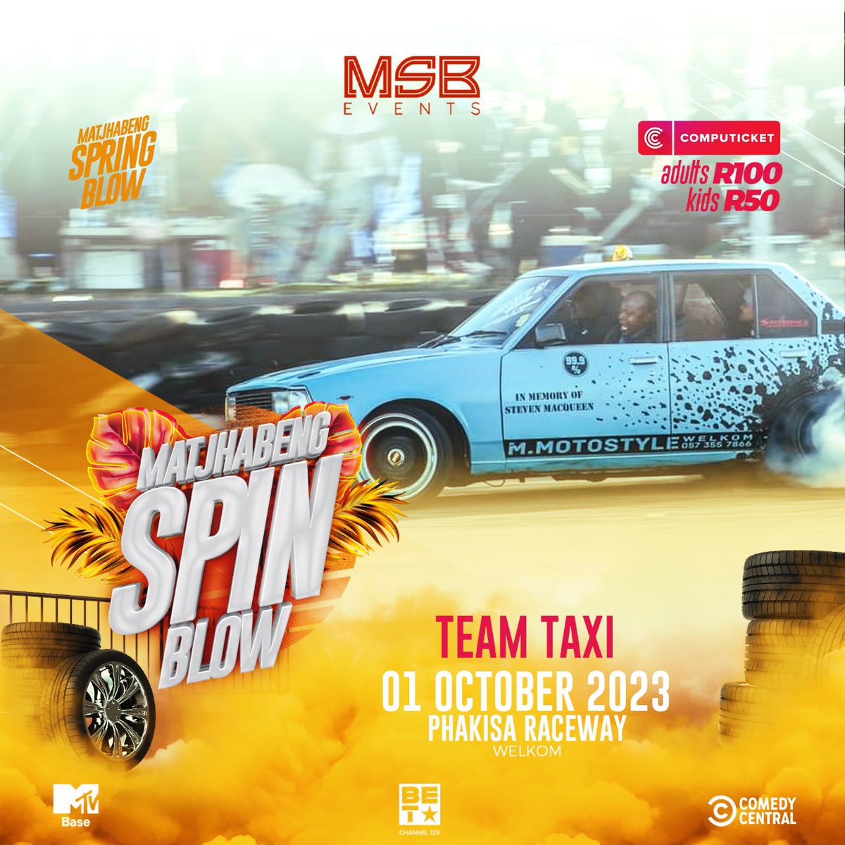 MSB_Eventz's tweet photo. Matjhabeng Spin Blow ππ
Spinners:
Bad Company
Veejaro
Team Taxi
Siya
All tickets are available at Computicket: Adult R 100 and Kids R 50 or https://t.co/RTvg5cEvYs
MatjhabengSpringBlow #MTVbase #Mtvbasesouth #comedycentralAF #ComedyCentralafrica #BETAfrica https://t.co/2az8HlIPrK