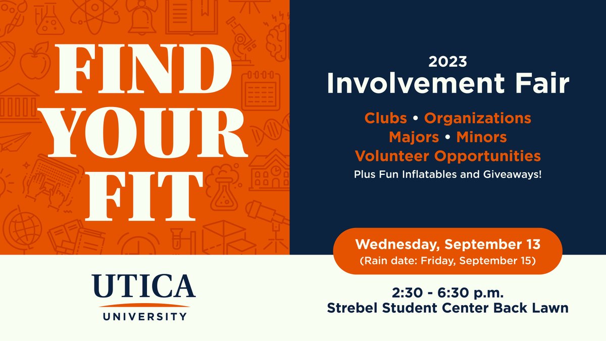 uticauniversity's tweet photo. 𝗙𝗜𝗡𝗗 𝗬𝗢𝗨𝗥 𝗙𝗜𝗧...𝗧𝗢𝗗𝗔𝗬 ‼️
See you this afternoon on the back lawn of Strebel. #GoPioneers #InvolvementFair https://t.co/PCqmZW4PMo
