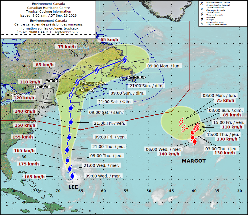 NBEMO is tracking hurricane Lee.
We are in contact with Environment and Climate Change Canada to get the most up to date information regarding the storm’s track.
Potential hazards include:
• Severe and damaging wind gusts
• High waves; and
• Intense rainfall rates
New