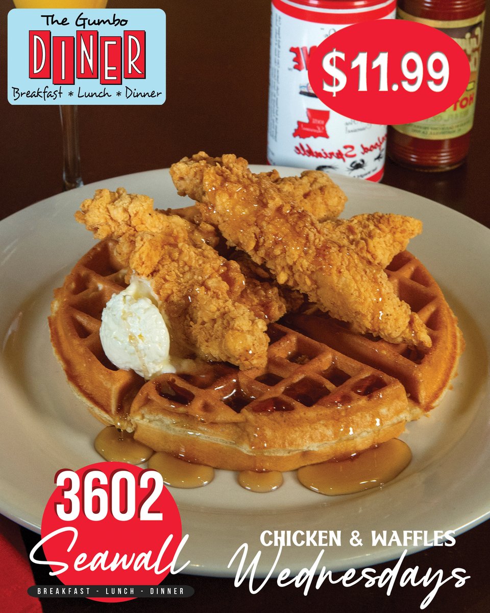 Looking for a reason to love Wednesdays? Get our famous Chicken &amp; Waffles all day for just 11.99! 🧇🍗♥
3602 Seawall Blvd